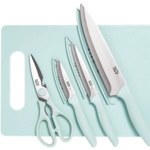 Tasty 5-Piece Cutlery & Cutting Board Set – Stainless Steel Knives, Soft Grip Handles, Reversible Board (Aqua)