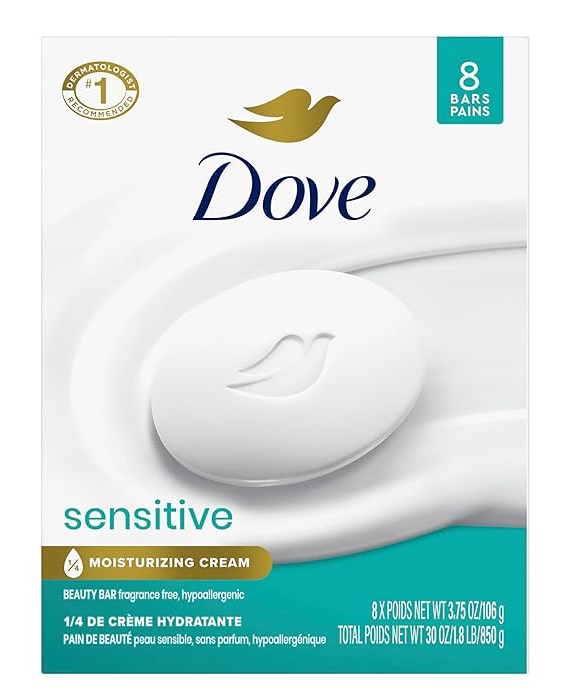 Dove Sensitive Skin Beauty Bar, Fragrance-Free, Hypoallergenic, 8 Bars (3.75 oz each)