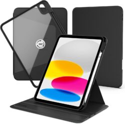 CACOE: 360° Rotating Case for iPad 11th/10th Gen – Shockproof Stand Cover with Pencil Holder, Black