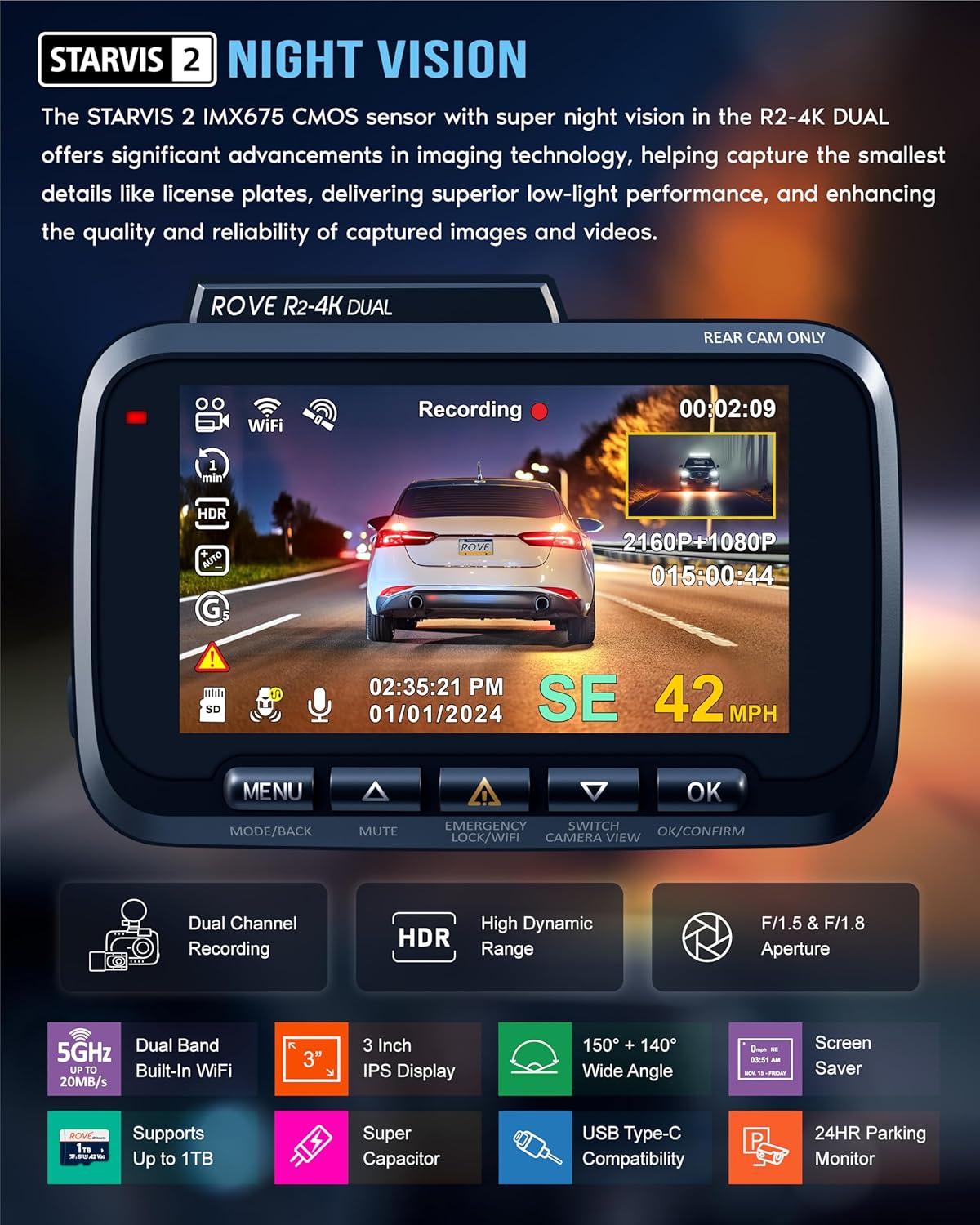 ROVE R2-4K Dual Dash Cam Front and Rear - Image 4